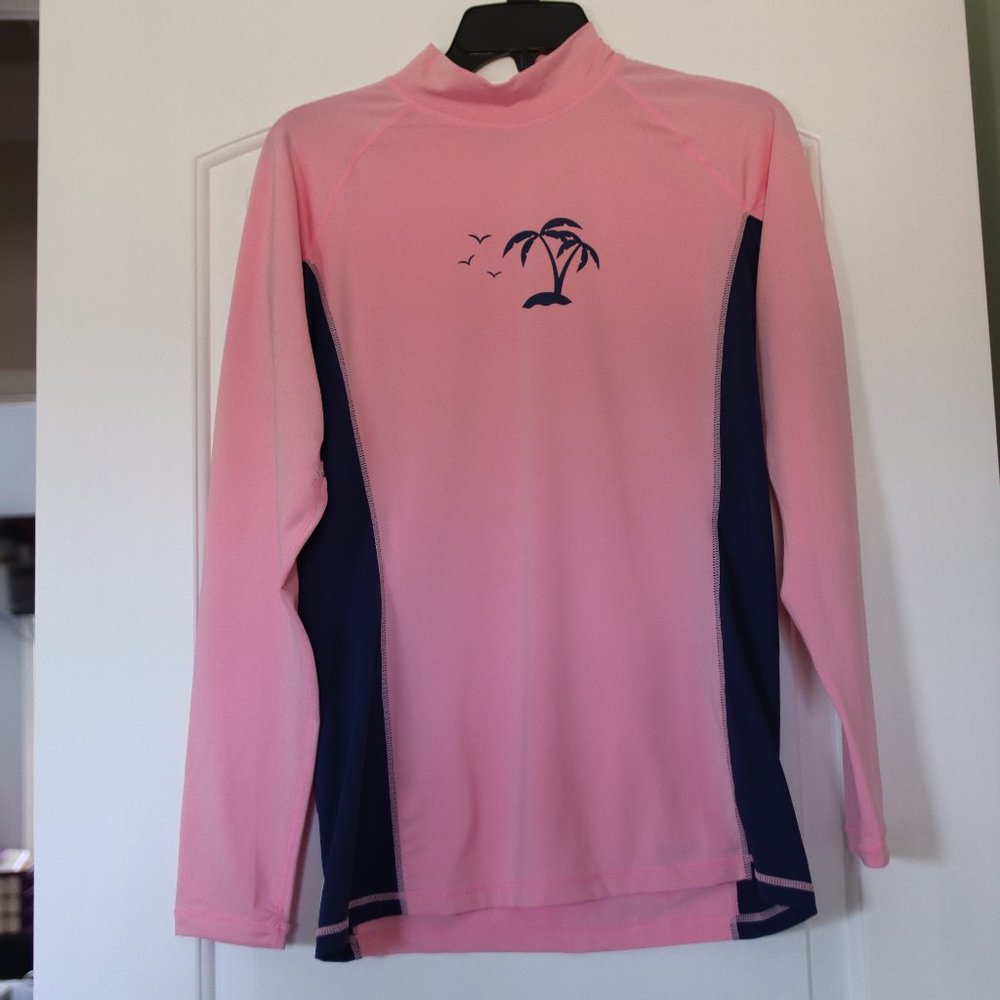 Tesla Size XL Long Sleeve Rash Guard Swim Surf Pink Blue Palm Tree Graphics